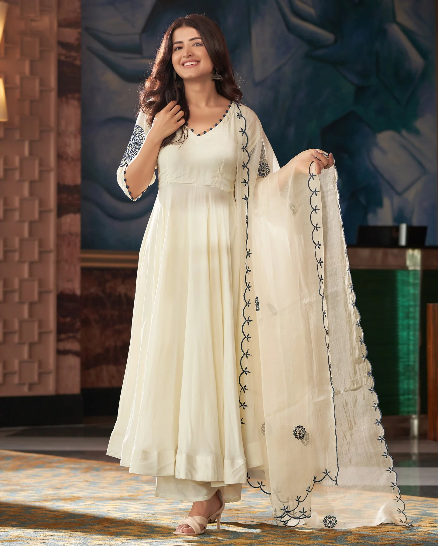 Kalakriti Blue Cream Embroidered Anarkali Suit Set